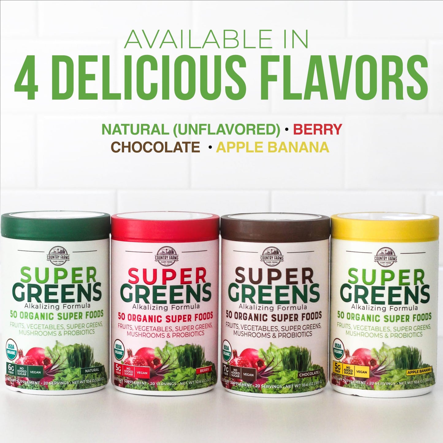 COUNTRY FARMS Organic Super Greens Natural Flavor, 50 Organic Super Foods, Packed with Fiber, USDA Organic Drink Mix, Fruits, Vegetables, Mushrooms & Probiotics, Supports Energy, 6g Fiber - Fresh Hearth