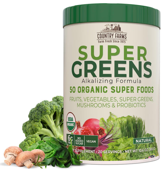 COUNTRY FARMS Organic Super Greens Natural Flavor, 50 Organic Super Foods, Packed with Fiber, USDA Organic Drink Mix, Fruits, Vegetables, Mushrooms & Probiotics, Supports Energy, 6g Fiber - Fresh Hearth