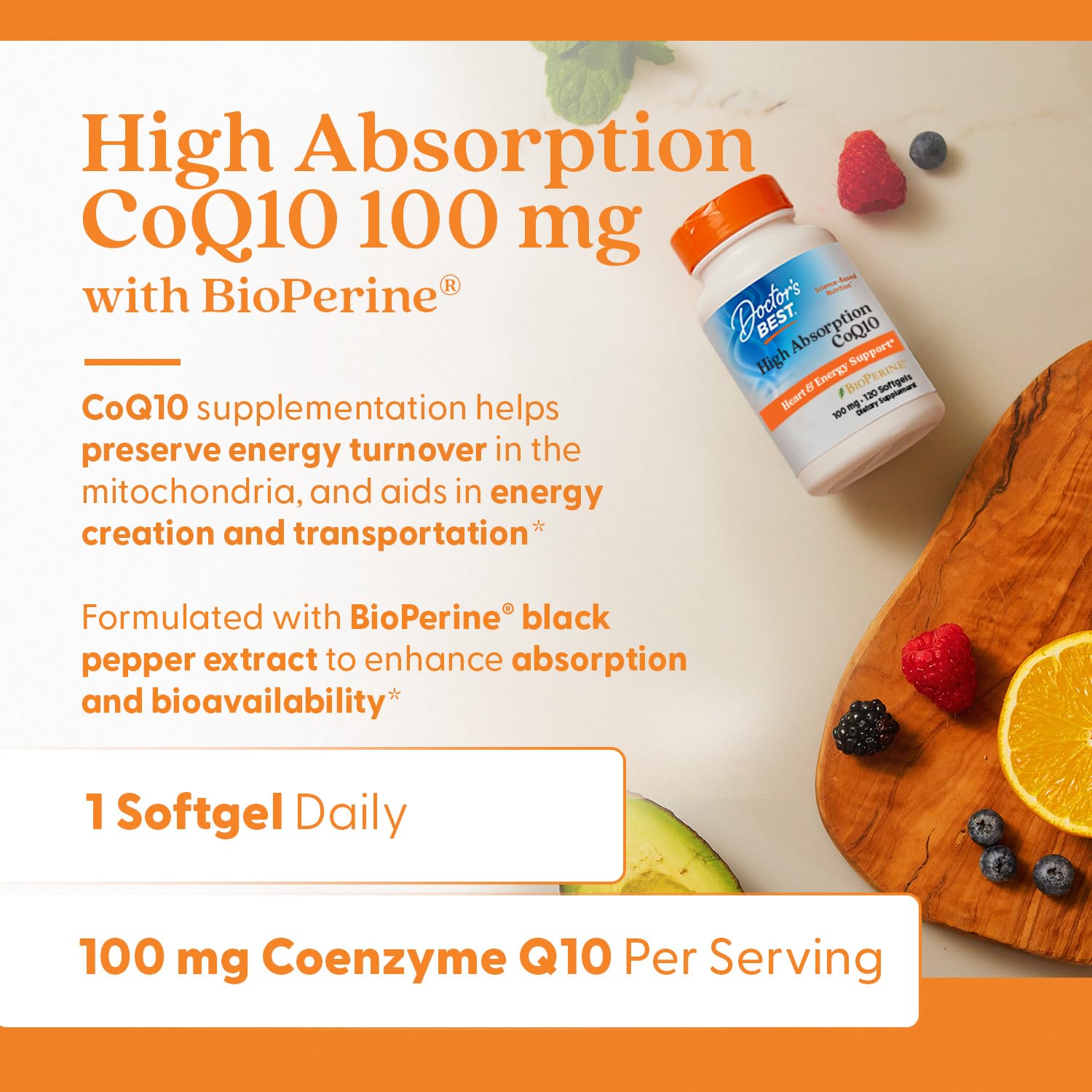 Doctor's Best High Absorption CoQ10 with BioPerine, Gluten Free, Naturally Fermented, Heart Health, Energy Production, 100 mg, 120 Count - Fresh Hearth