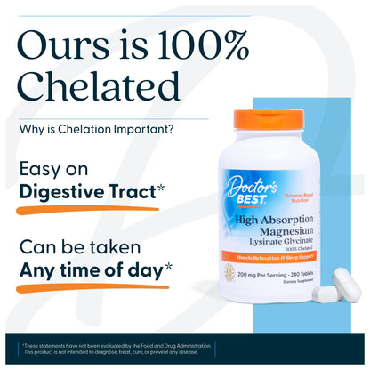 Doctor’s Best High Absorption Magnesium Glycinate Lysinate Supplement - 100% Chelated for Maximum Absorption - Magnesium for Sleep and Muscle Relaxation - 200 Mg Per Serving - 240 Tablets - Fresh Hearth