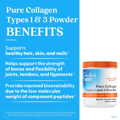 Doctor's Best Pure Collagen Types 1 & 3, Promotes Healthy Skin Hair & Nails – Bone & Joint Support, 7.1 Ounce (Pack of 1) - Fresh Hearth