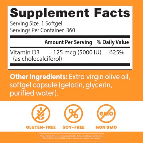 Doctor's Best Vitamin D3 5,000 IU for Healthy Bones, Teeth, Heart and Immune Support, Non - GMO, Gluten - Free, Soy Free, 360 Count (Pack of 1) - Fresh Hearth