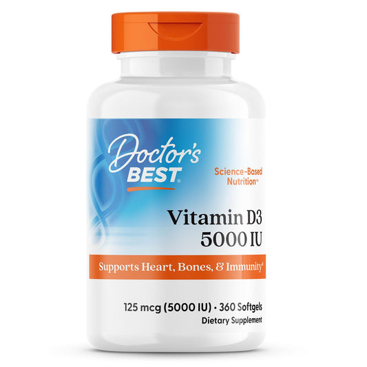 Doctor's Best Vitamin D3 5,000 IU for Healthy Bones, Teeth, Heart and Immune Support, Non - GMO, Gluten - Free, Soy Free, 360 Count (Pack of 1) - Fresh Hearth