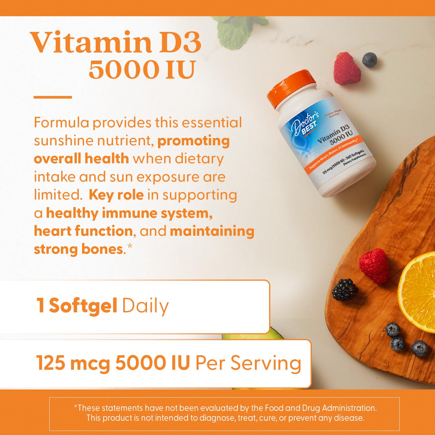 Doctor's Best Vitamin D3 5,000 IU for Healthy Bones, Teeth, Heart and Immune Support, Non - GMO, Gluten - Free, Soy Free, 360 Count (Pack of 1) - Fresh Hearth