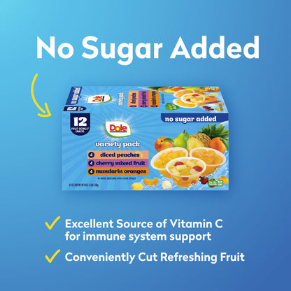 Dole Diced Peaches, Mandarin Oranges, and Cherry Mixed Fruit with No Sugar Added Variety Pack - Dole Fruit Bowls Snacks - 4 oz Bowls - 12 Pack - Fresh Hearth