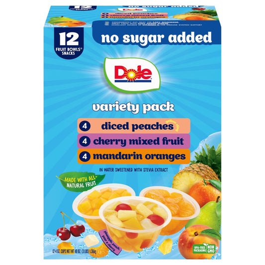 Dole Diced Peaches, Mandarin Oranges, and Cherry Mixed Fruit with No Sugar Added Variety Pack - Dole Fruit Bowls Snacks - 4 oz Bowls - 12 Pack - Fresh Hearth