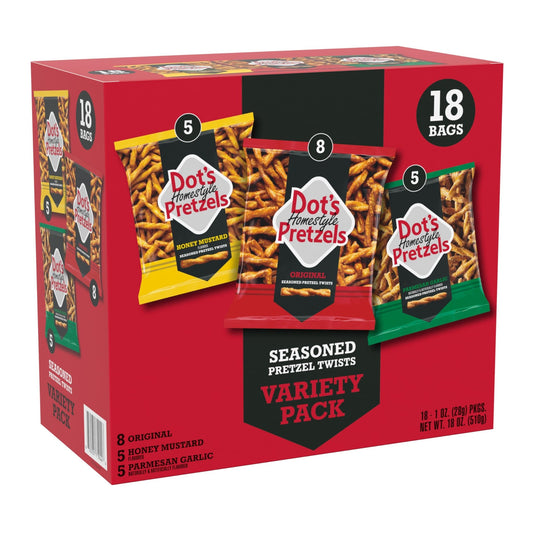 Dot's Pretzels Variety Pack, Original, Honey Mustard, and Parmesan Garlic Twist Snack, 1oz Individually Sized Bags (18 Count) - Fresh Hearth