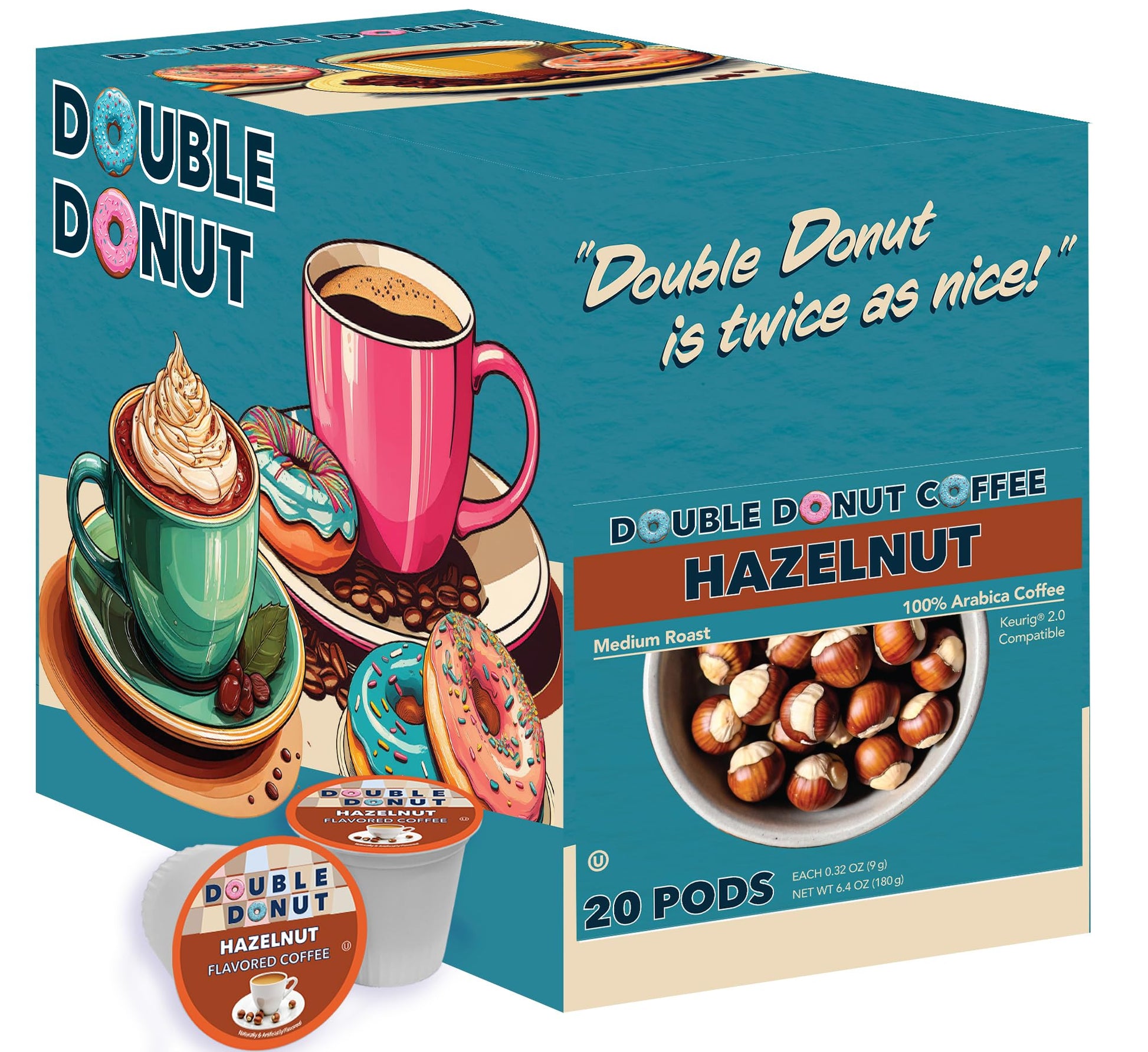 Double Donut Hazelnut Flavored Coffee pods, Medium Roast Coffee,Compatible with Keurig K Cups Brewers, 20 Count - Fresh Hearth
