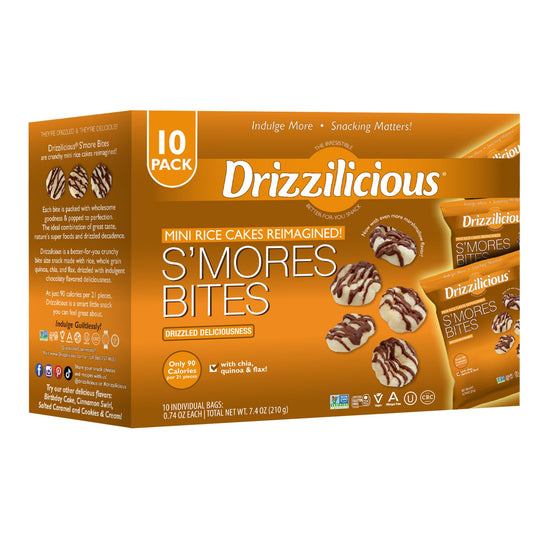 Drizzilicious Mini Rice Cakes S'mores - Rice Crisps, Healthy Snack for Adults and Kids, Flavored Rice Cakes, Vegan, Gluten Free, Allergen Free, Only 90 Calories Per Bag - 0.74 oz (Pack of 10) - Fresh Hearth