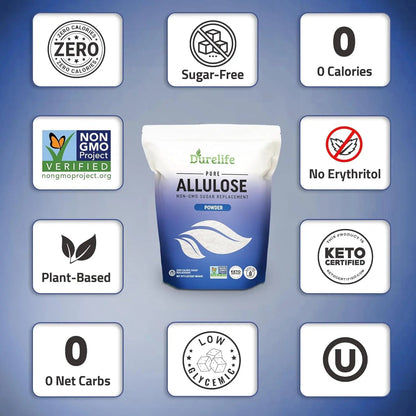 Durelife Allulose sweetener, 10 lb 100% Pure No Erythritol powdered Sugar alternative Substitute, NON - GMO Project Verified, Keto Certified, OU kosher, No Fillers, Zero Calories sugar alternative 10 Lbs - Fresh Hearth