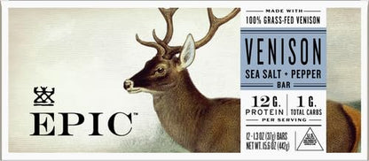 EPIC Bars, Venison Sea Salt and Pepper Bar, Keto Friendly, Whole30 Approved, Gluten Free, 12 Count, 15.6 oz - Fresh Hearth