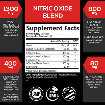 Extra Strength Nitric Oxide Supplement 3X Strength L Arginine, Citrulline Malate, AAKG, Beta Alanine - Premium Muscle Supporting Nitric Booster - Natural Energy & Heart Health Support - 120 Capsules - Fresh Hearth