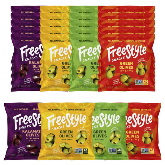 Freestyle Snacks Olive Snack Packs - 24 Pack Variety - Original Green, Hot & Spicy, Lemon Garlic, and Kalamata - Grown in Greece, All Natural, Non - GMO, Paleo, Sugar - Free, Keto Snack, 1.1oz (24 Pack) - Fresh Hearth