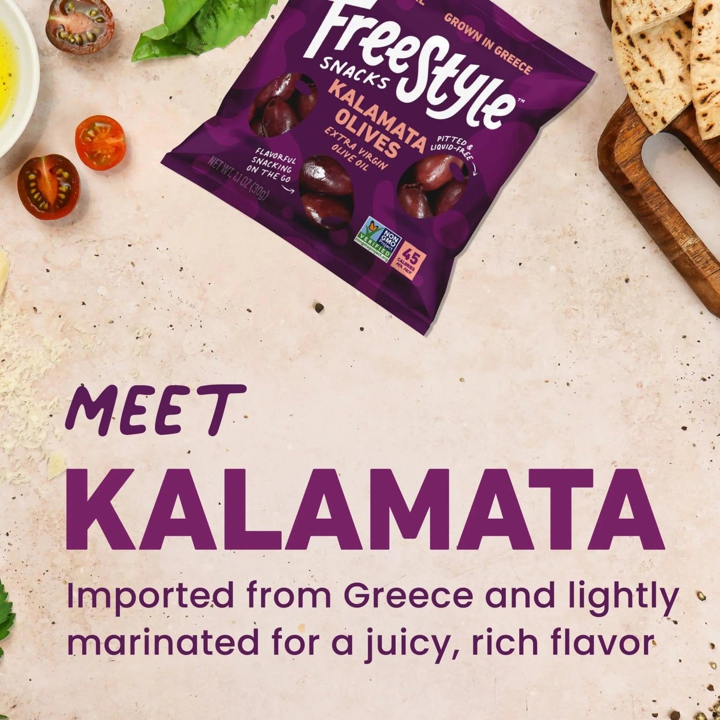 Freestyle Snacks Olive Snack Packs - 24 Pack Variety - Original Green, Hot & Spicy, Lemon Garlic, and Kalamata - Grown in Greece, All Natural, Non - GMO, Paleo, Sugar - Free, Keto Snack, 1.1oz (24 Pack) - Fresh Hearth