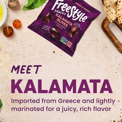 Freestyle Snacks Olive Snack Packs - 24 Pack Variety - Original Green, Hot & Spicy, Lemon Garlic, and Kalamata - Grown in Greece, All Natural, Non - GMO, Paleo, Sugar - Free, Keto Snack, 1.1oz (24 Pack) - Fresh Hearth