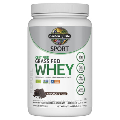 Garden of Life Sport Whey Protein Powder Chocolate, Premium Grass Fed Whey Protein Isolate Plus Probiotics for Immune System Health, 24g Protein, Non GMO, Gluten Free, Cold Processed - 20 Servings - Fresh Hearth