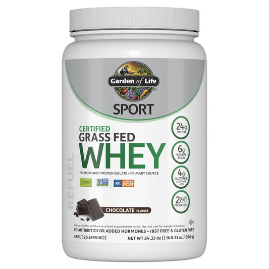 Garden of Life Sport Whey Protein Powder Chocolate, Premium Grass Fed Whey Protein Isolate Plus Probiotics for Immune System Health, 24g Protein, Non GMO, Gluten Free, Cold Processed - 20 Servings - Fresh Hearth