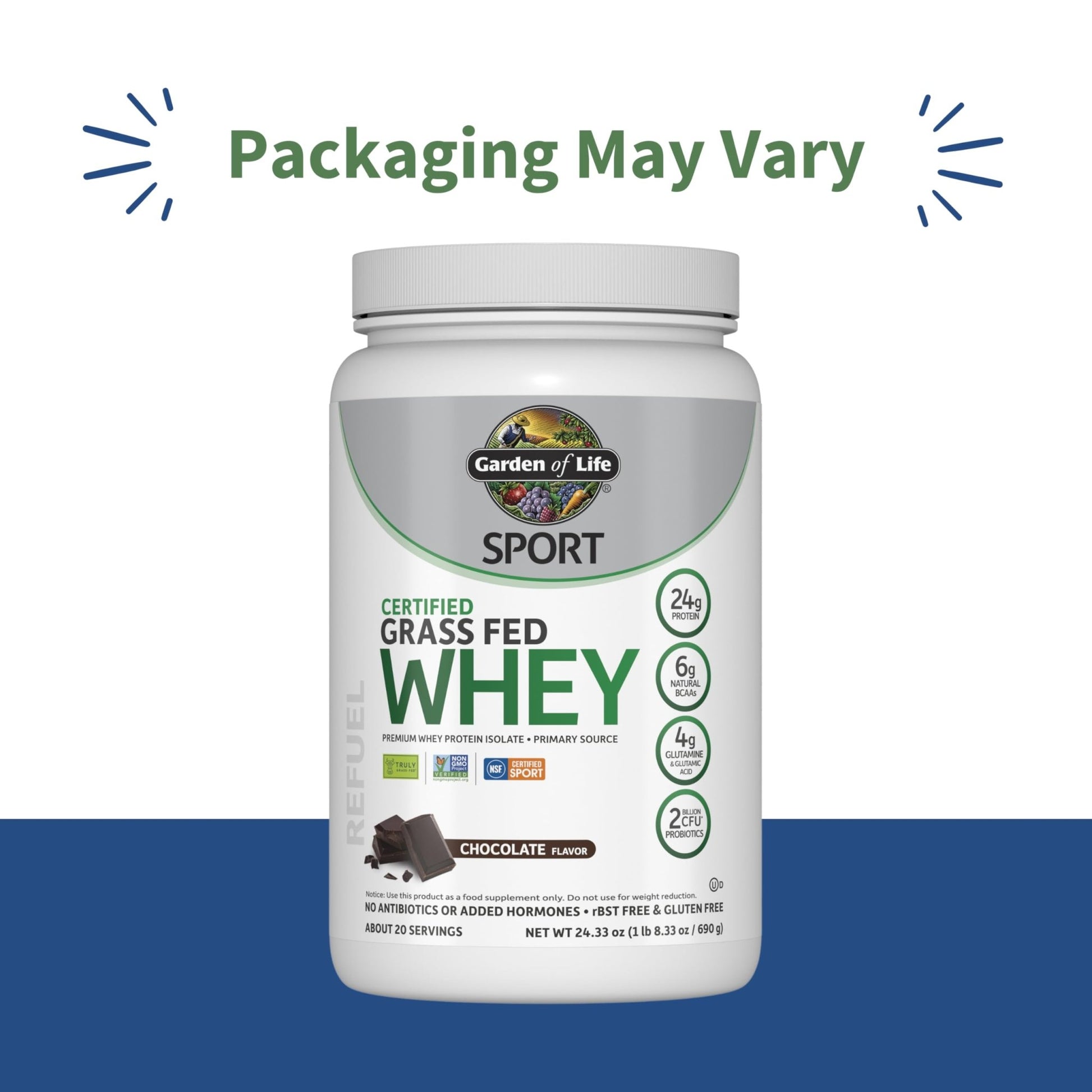 Garden of Life Sport Whey Protein Powder Chocolate, Premium Grass Fed Whey Protein Isolate Plus Probiotics for Immune System Health, 24g Protein, Non GMO, Gluten Free, Cold Processed - 20 Servings - Fresh Hearth