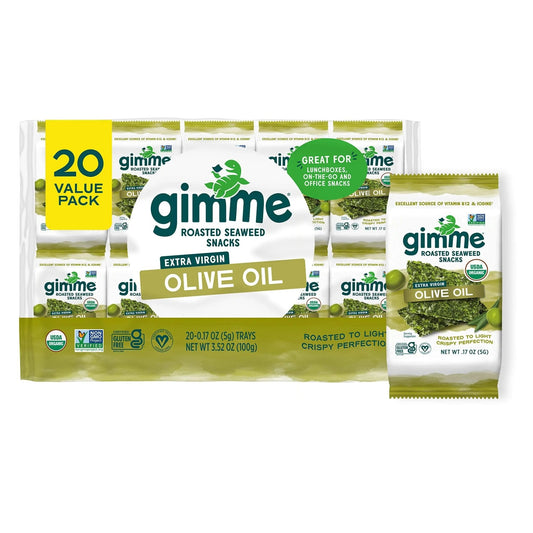 Gimme Seaweed Organic Premium Roasted Seaweed Snacks, Extra Virgin Olive Oil, 20 Count, Keto, Vegan, Gluten - Free, Great Source of Omega3s and Iodine, Healthy On - The - Go Snack for Kids and Adults - Fresh Hearth