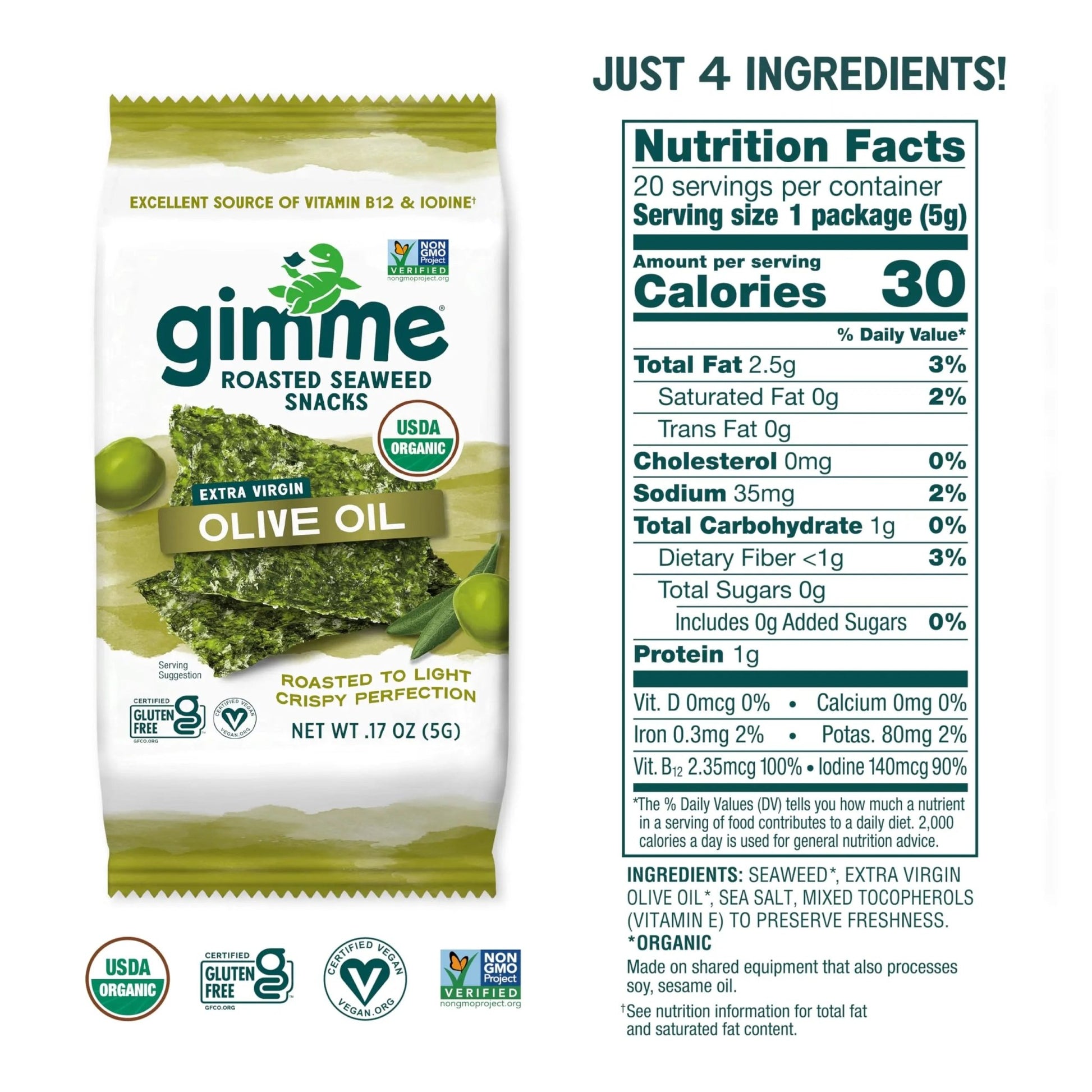 Gimme Seaweed Organic Premium Roasted Seaweed Snacks, Extra Virgin Olive Oil, 20 Count, Keto, Vegan, Gluten - Free, Great Source of Omega3s and Iodine, Healthy On - The - Go Snack for Kids and Adults - Fresh Hearth