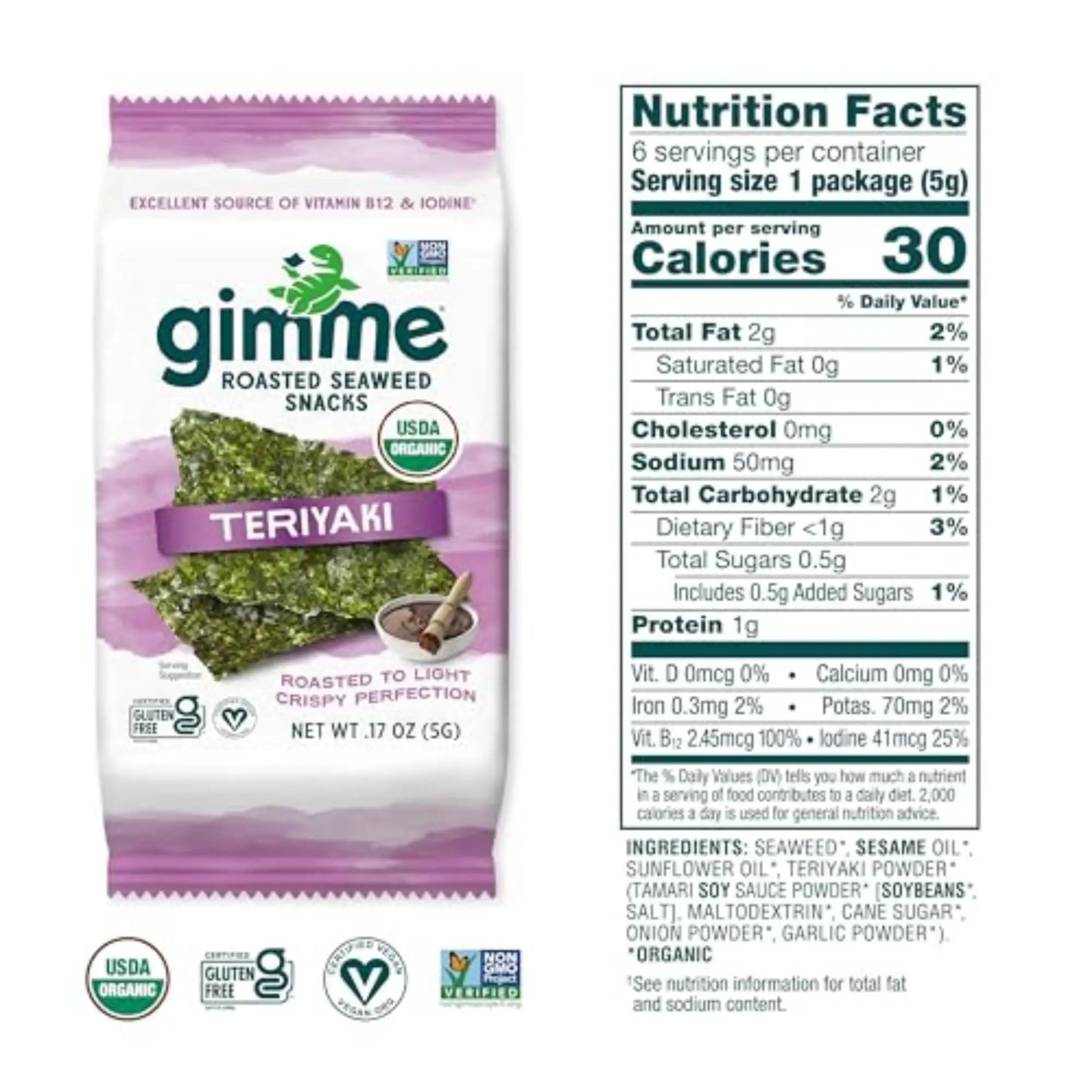 Gimme Seaweed Organic Premium Roasted Seaweed Snacks, Teriyaki, 6 Count, Keto, Vegan, Gluten - Free, Great Source of Omega3s and Iodine, Healthy On - The - Go Snack for Kids and Adults - Fresh Hearth