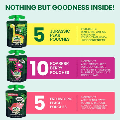 GoGo squeeZ Fruit & veggieZ Applesauce and Puree Variety Pack, Jurassic Pear, Roarrrr Berry & Prehistoric Peach, 3.2 oz (Pack of 20), Unsweetened Snacks for Kids, BPA Free Pouches - Fresh Hearth