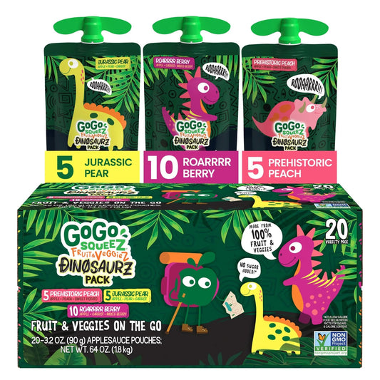 GoGo squeeZ Fruit & veggieZ Applesauce and Puree Variety Pack, Jurassic Pear, Roarrrr Berry & Prehistoric Peach, 3.2 oz (Pack of 20), Unsweetened Snacks for Kids, BPA Free Pouches - Fresh Hearth