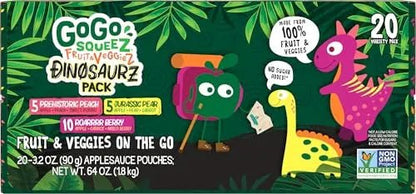 GoGo squeeZ Fruit & veggieZ Applesauce and Puree Variety Pack, Jurassic Pear, Roarrrr Berry & Prehistoric Peach, 3.2 oz (Pack of 20), Unsweetened Snacks for Kids, BPA Free Pouches - Fresh Hearth