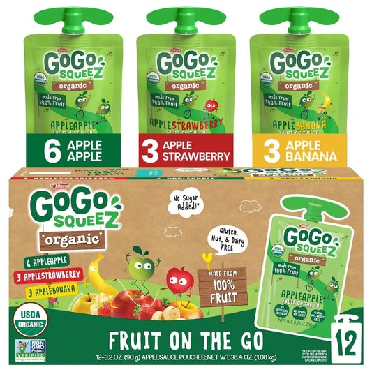 GoGo squeeZ Organic Applesauce and Fruit Puree, Variety Pack, Apple, Strawberry & Banana, 3.2 oz (Pack of 12), Unsweetened Organic Fruit Snacks for Kids, No Gluten, Nut & Dairy, BPA Free Pouches - Fresh Hearth
