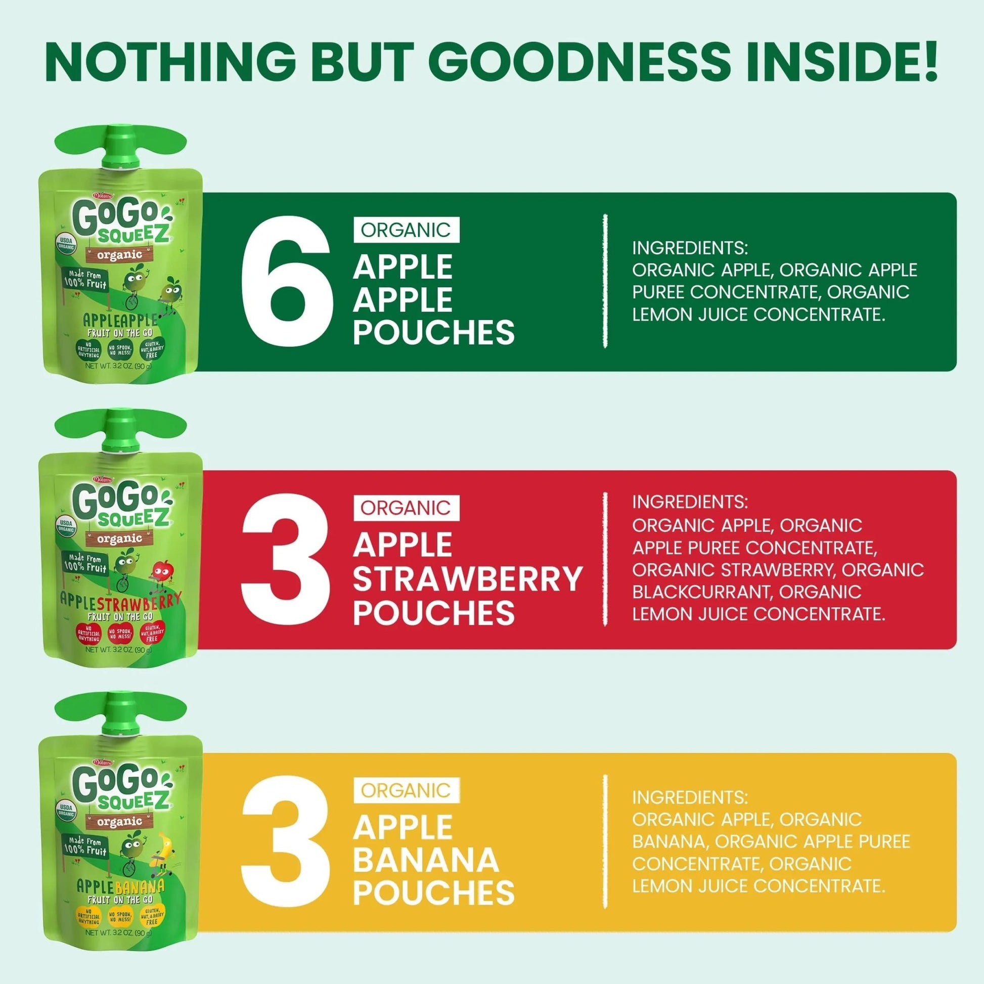 GoGo squeeZ Organic Applesauce and Fruit Puree, Variety Pack, Apple, Strawberry & Banana, 3.2 oz (Pack of 12), Unsweetened Organic Fruit Snacks for Kids, No Gluten, Nut & Dairy, BPA Free Pouches - Fresh Hearth