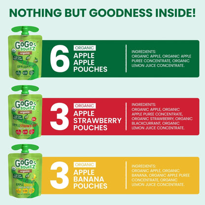 GoGo squeeZ Organic Applesauce and Fruit Puree, Variety Pack, Apple, Strawberry & Banana, 3.2 oz (Pack of 12), Unsweetened Organic Fruit Snacks for Kids, No Gluten, Nut & Dairy, BPA Free Pouches - Fresh Hearth