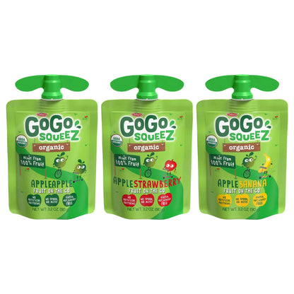 GoGo squeeZ Organic Applesauce and Fruit Puree, Variety Pack, Apple, Strawberry & Banana, 3.2 oz (Pack of 12), Unsweetened Organic Fruit Snacks for Kids, No Gluten, Nut & Dairy, BPA Free Pouches - Fresh Hearth