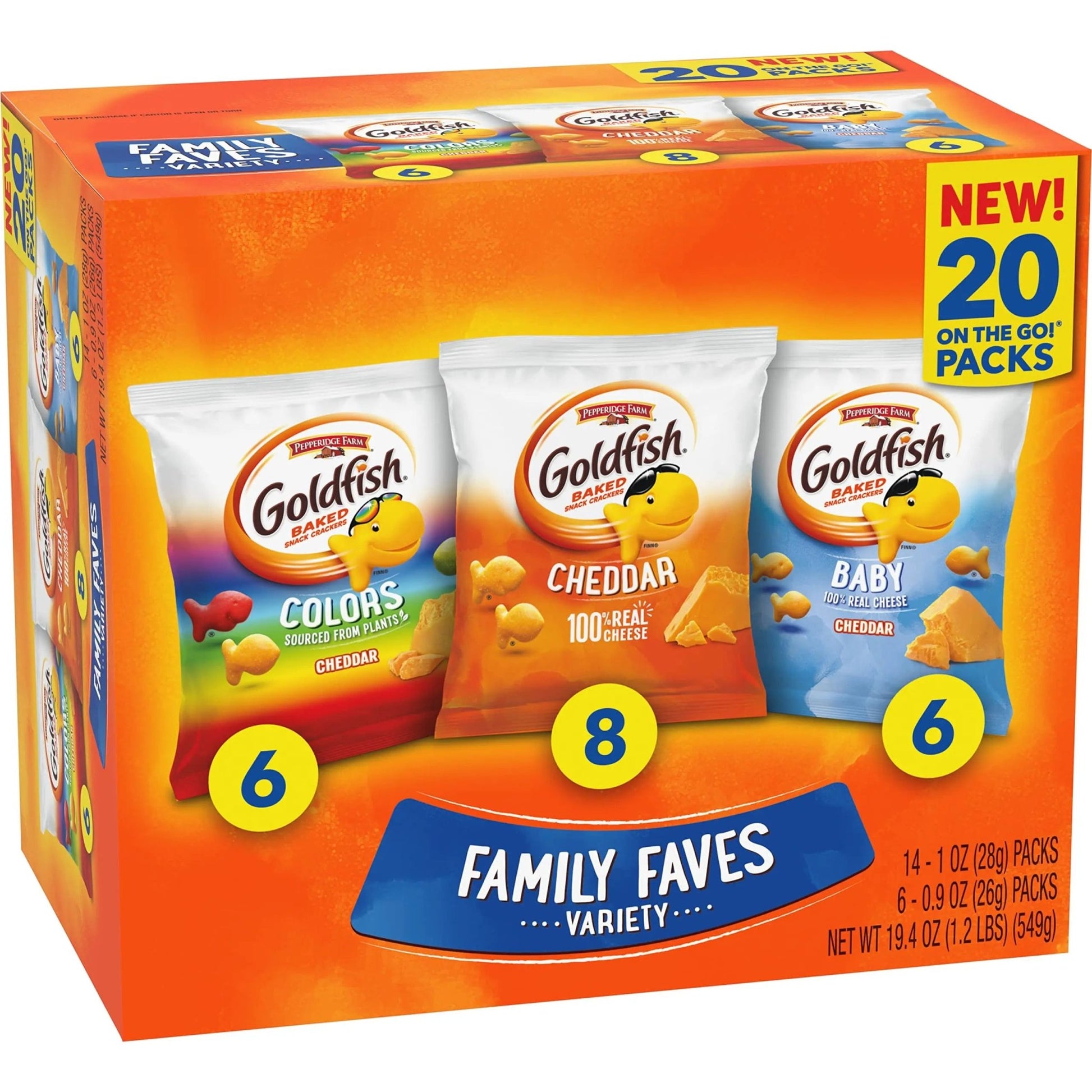 Goldfish Crackers Family Faves Crackers, Cheddar, Colors and Baby Crackers Snack Packs, 20 - Ct Variety Pack - Fresh Hearth