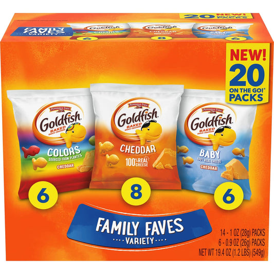 Goldfish Crackers Family Faves Crackers, Cheddar, Colors and Baby Crackers Snack Packs, 20 - Ct Variety Pack - Fresh Hearth