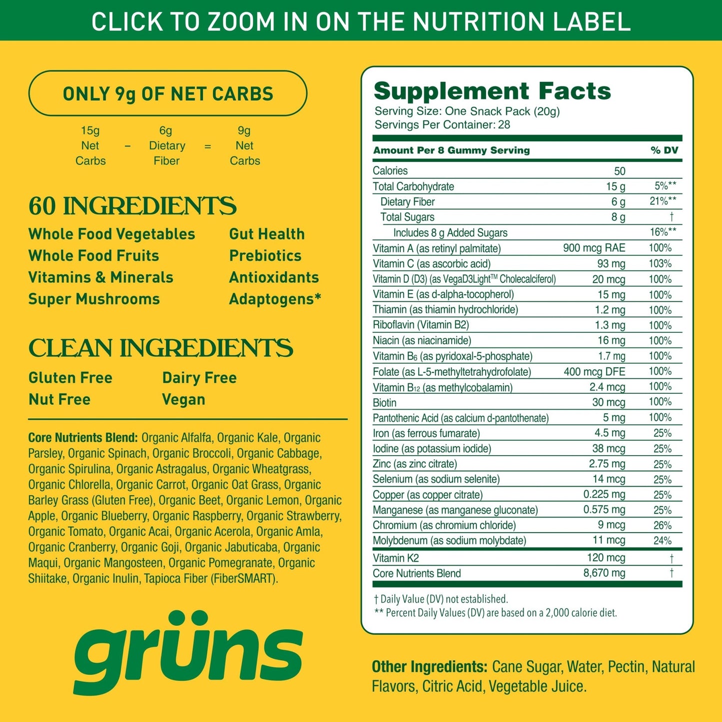 Gruns Adults Super Greens Gummies, Multivitamin Superfood Gummy Bears with Spirulina, Chlorella, Prebiotics & Fiber for Digestive Health, Adaptogens Supplement with 20 Vitamins & Minerals, 28 Count - Fresh Hearth