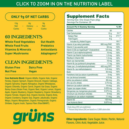 Gruns Adults Super Greens Gummies, Multivitamin Superfood Gummy Bears with Spirulina, Chlorella, Prebiotics & Fiber for Digestive Health, Adaptogens Supplement with 20 Vitamins & Minerals, 28 Count - Fresh Hearth