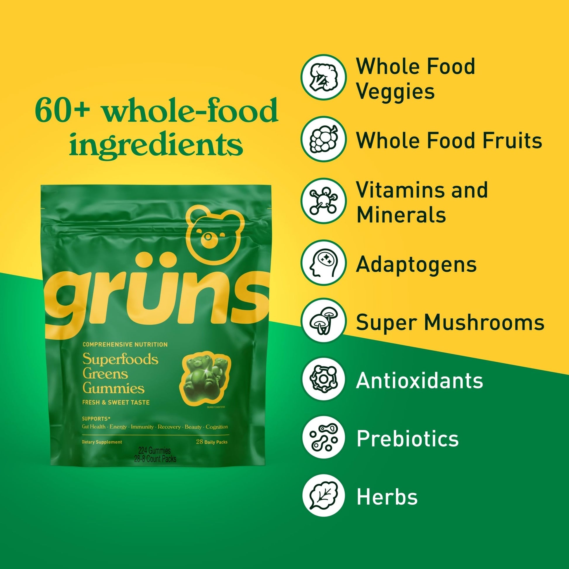 Gruns Adults Super Greens Gummies, Multivitamin Superfood Gummy Bears with Spirulina, Chlorella, Prebiotics & Fiber for Digestive Health, Adaptogens Supplement with 20 Vitamins & Minerals, 28 Count - Fresh Hearth