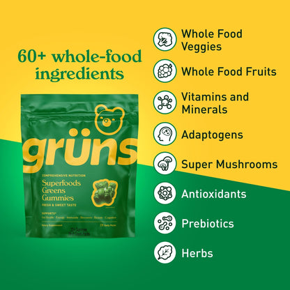 Gruns Adults Super Greens Gummies, Multivitamin Superfood Gummy Bears with Spirulina, Chlorella, Prebiotics & Fiber for Digestive Health, Adaptogens Supplement with 20 Vitamins & Minerals, 28 Count - Fresh Hearth