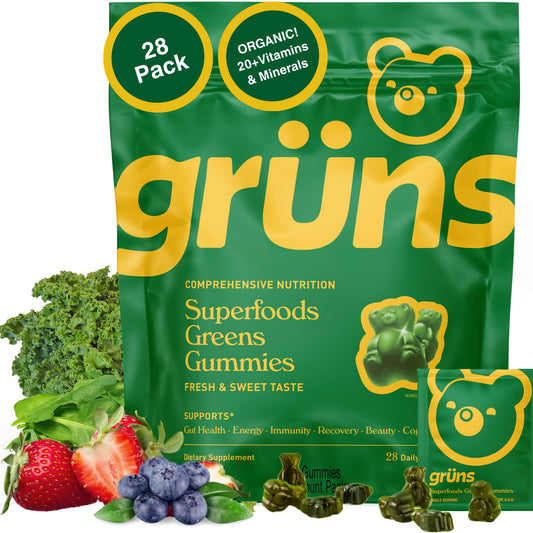 Gruns Adults Super Greens Gummies, Multivitamin Superfood Gummy Bears with Spirulina, Chlorella, Prebiotics & Fiber for Digestive Health, Adaptogens Supplement with 20 Vitamins & Minerals, 28 Count - Fresh Hearth