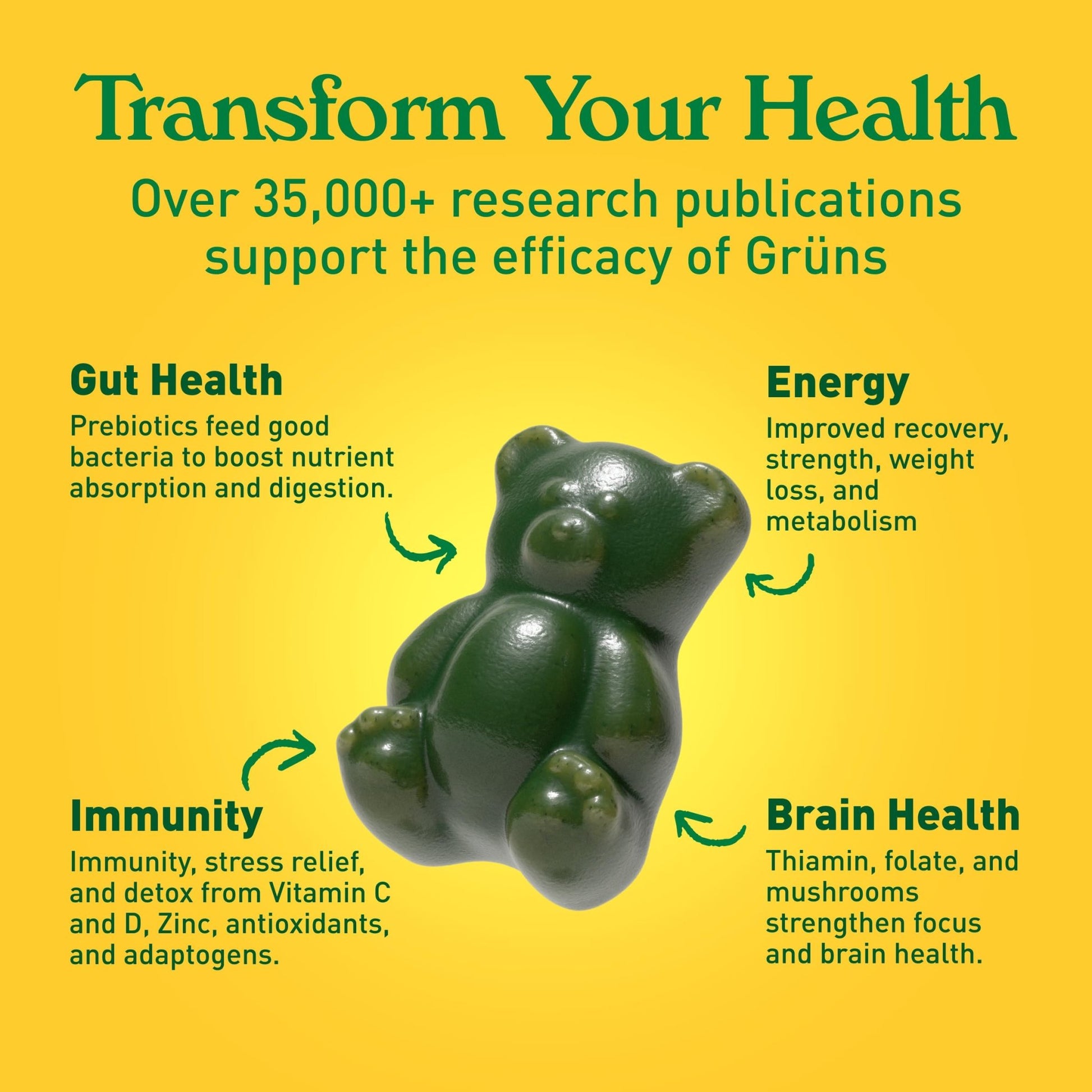 Gruns Adults Super Greens Gummies, Multivitamin Superfood Gummy Bears with Spirulina, Chlorella, Prebiotics & Fiber for Digestive Health, Adaptogens Supplement with 20 Vitamins & Minerals, 28 Count - Fresh Hearth