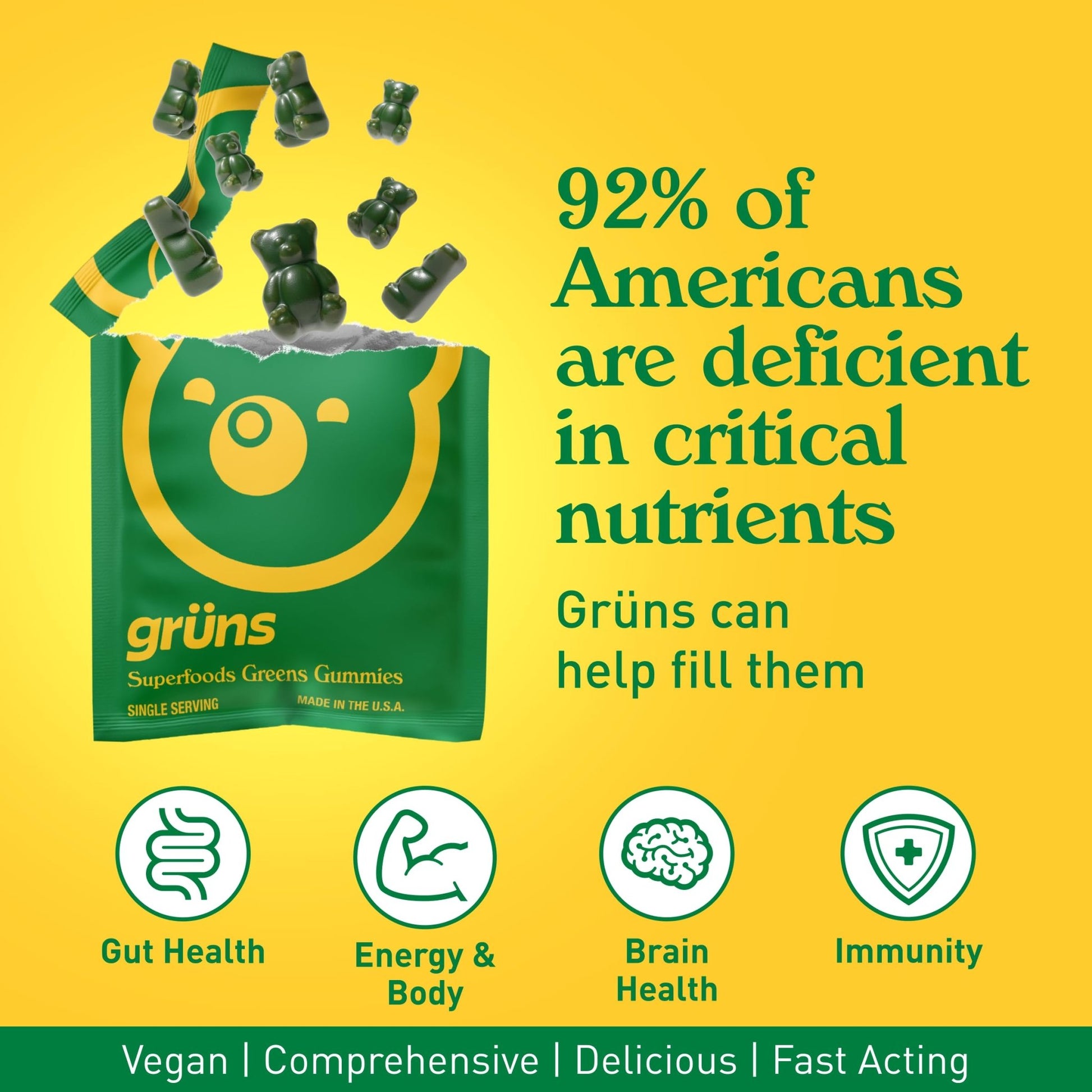 Gruns Adults Super Greens Gummies, Multivitamin Superfood Gummy Bears with Spirulina, Chlorella, Prebiotics & Fiber for Digestive Health, Adaptogens Supplement with 20 Vitamins & Minerals, 28 Count - Fresh Hearth