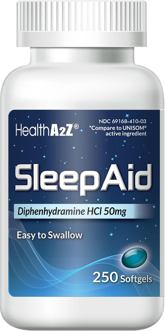 HealthA2Z Sleep Aid, Diphenhydramine Softgels, 50mg, Supports Deeper, Restful Sleeping (250 Counts) - Fresh Hearth