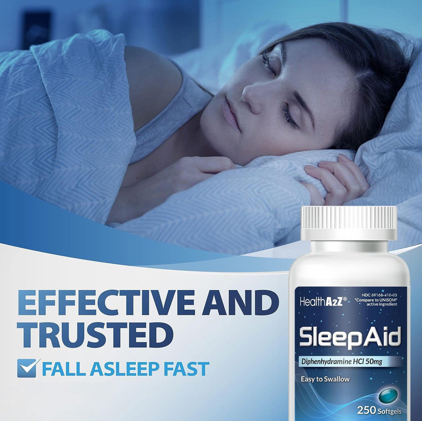 HealthA2Z Sleep Aid, Diphenhydramine Softgels, 50mg, Supports Deeper, Restful Sleeping (250 Counts) - Fresh Hearth