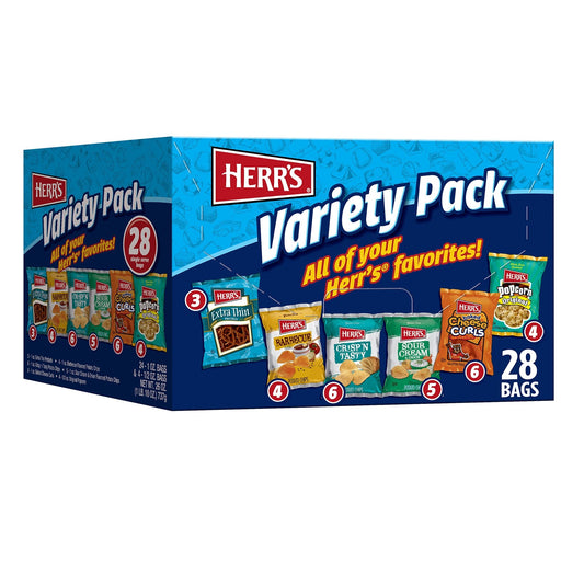 Herr’s Snacks Variety Pack, Potato Chips, Pretzels, Popcorn, Cheese Curls, 26oz Box (28 Bags) - Fresh Hearth