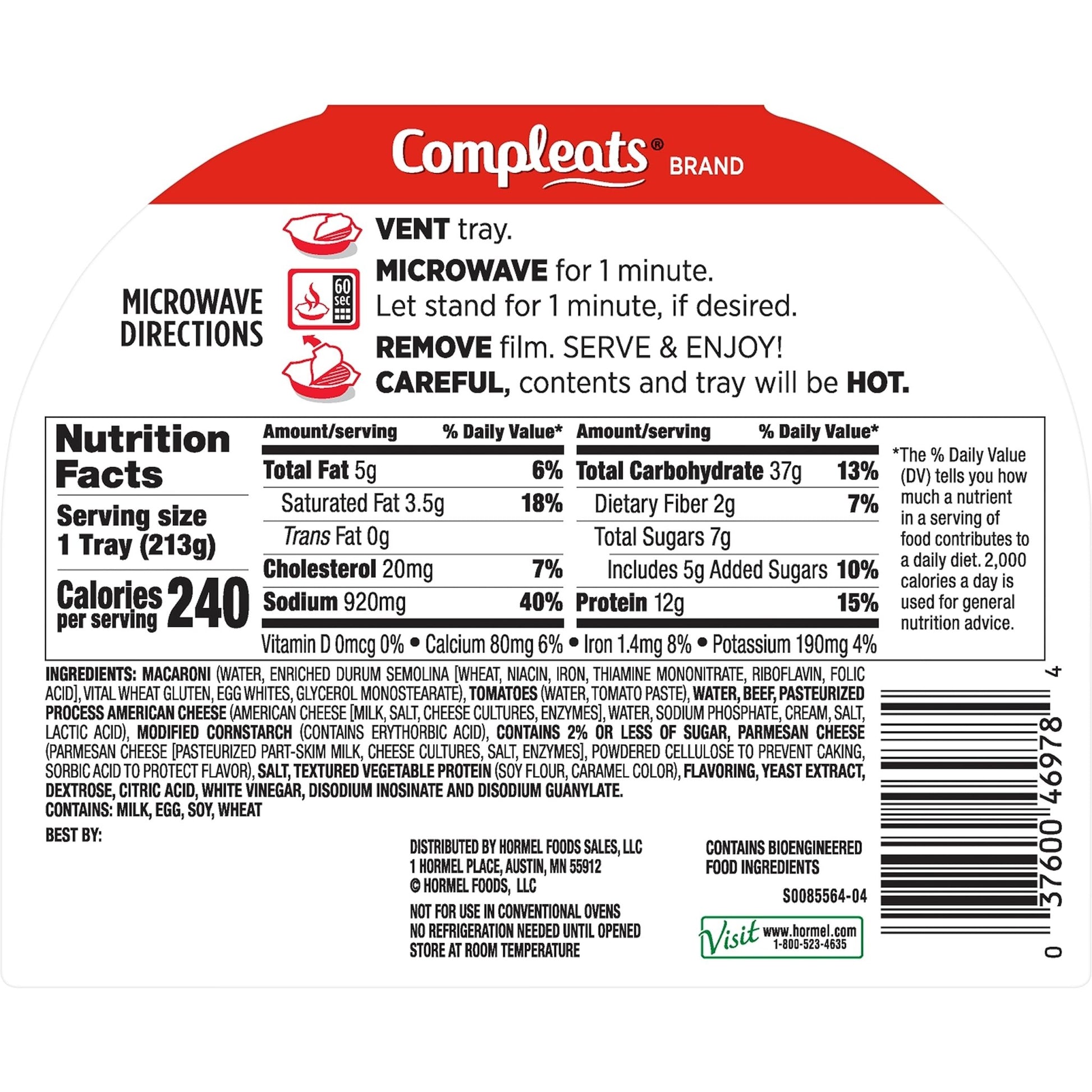 HORMEL COMPLEATS Beefy Mac & Cheese Microwave Tray, 7.5 Ounces (Pack of 7) - Fresh Hearth