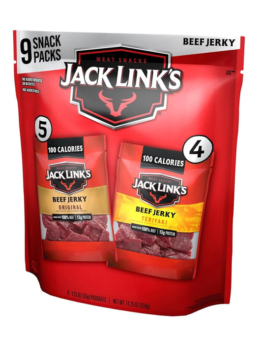 Jack Link's Beef Jerky Variety Pack - Includes Original and Teriyaki Jerky, Bulk Protein Snack Pack, Good Source of Protein, Meat Snacks Made with 100% Beef, Individual Bags - 1.25 Oz (Pack of 9) - Fresh Hearth