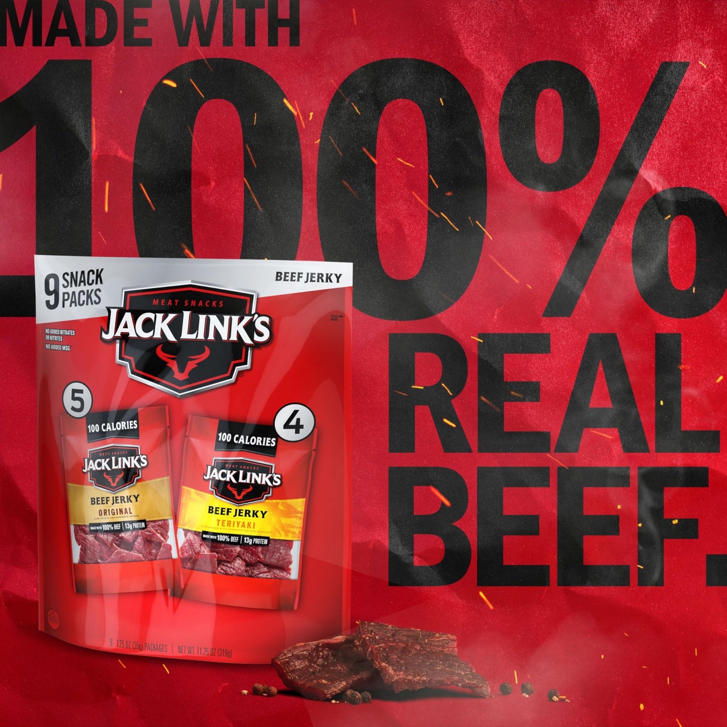 Jack Link's Beef Jerky Variety Pack - Includes Original and Teriyaki Jerky, Bulk Protein Snack Pack, Good Source of Protein, Meat Snacks Made with 100% Beef, Individual Bags - 1.25 Oz (Pack of 9) - Fresh Hearth