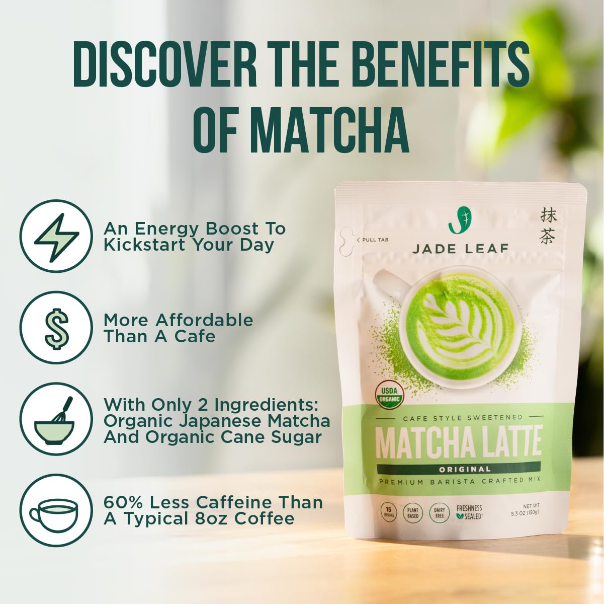 Jade Leaf Matcha Organic Café Style Sweetened Matcha Latte Premium Barista Crafted Mix - Original - Authentically Japanese (5.3 Ounce Pouch) - Fresh Hearth