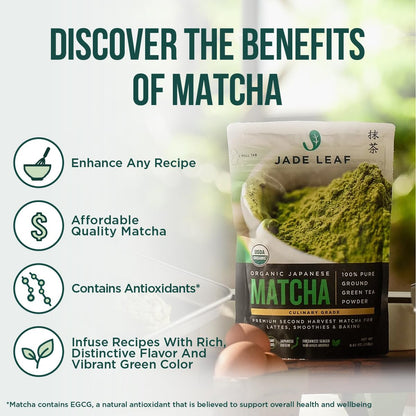 Jade Leaf Matcha Organic Culinary Grade Matcha Powder - Premium Second Harvest - Authentic Japanese Origin (3.53 Ounce Resealable Pouch) - Fresh Hearth