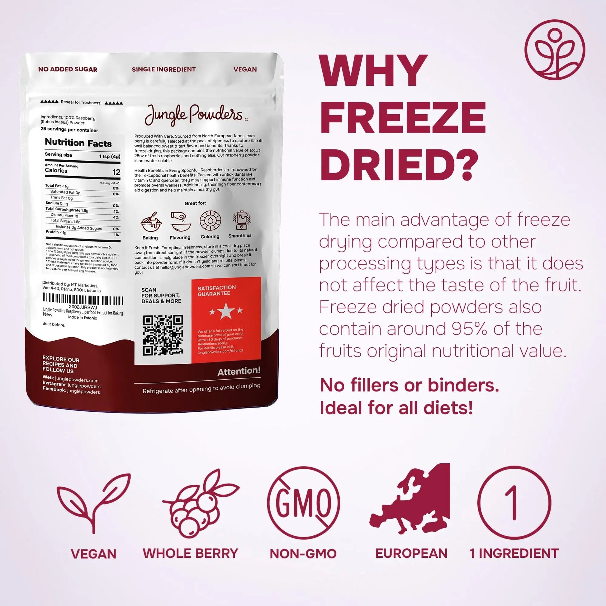 Jungle Powders Raspberry Powder 3.5 Ounce Bag, Food Grade Powdered Unsweetened Freeze Dried Raspberries, Additive, Filler Free Red Superfood Extract for Baking Cooking Flavoring Rasberries Smoothies - Fresh Hearth